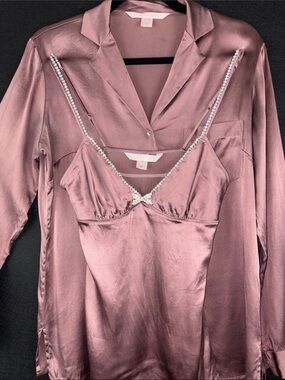 Victoria's Secret Vintage 2006 3-pc Silk Pajama Set Mauve Tone Rhinestone Accent